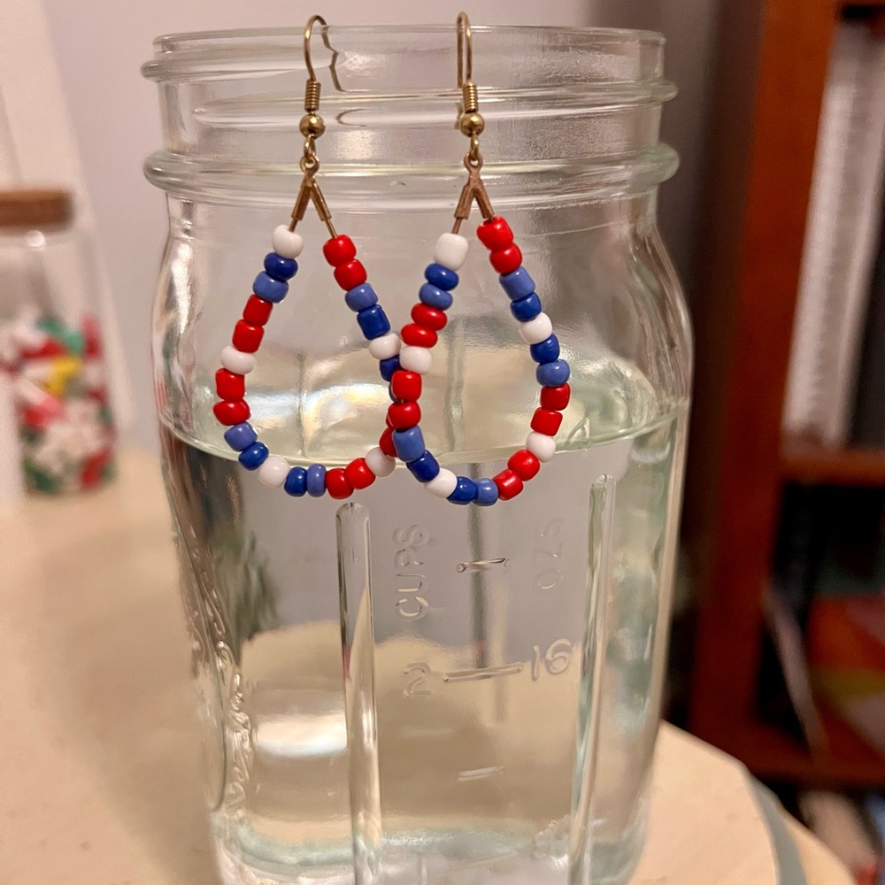 Red, White, and Blue Beaded Teardrop Earrings